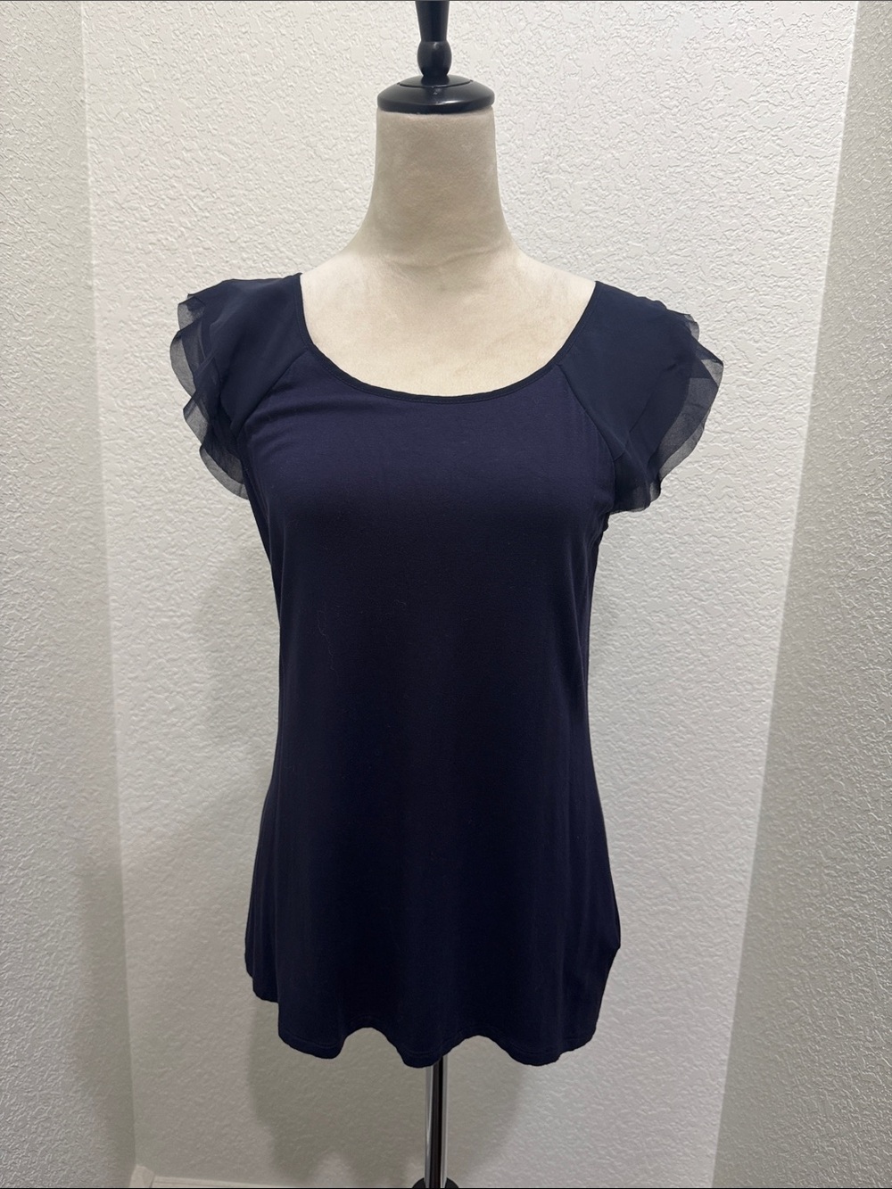 Premise Navy Short Sleeve Scoop Neck Top with Sheer Ruffle Sleeves